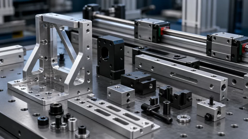 Machine brackets, rail mounting plates, support blocks and heavy-duty mounting hardware for industrial equipment.