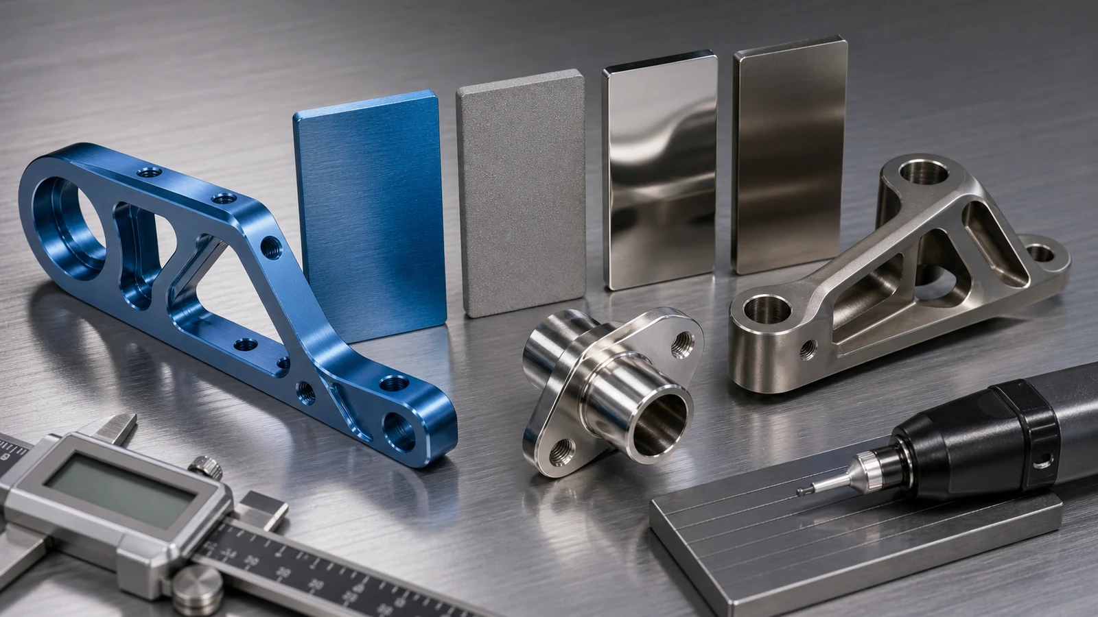 Close-up of aerospace surface finishing samples with anodized aluminum, polished metal, bead-blasted coupon and inspection tools.