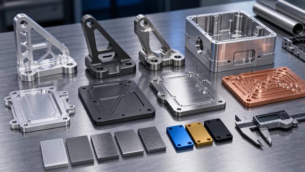 Aerospace and UAV machined material samples showing anodized aluminum, stainless steel and precision surface finishes.