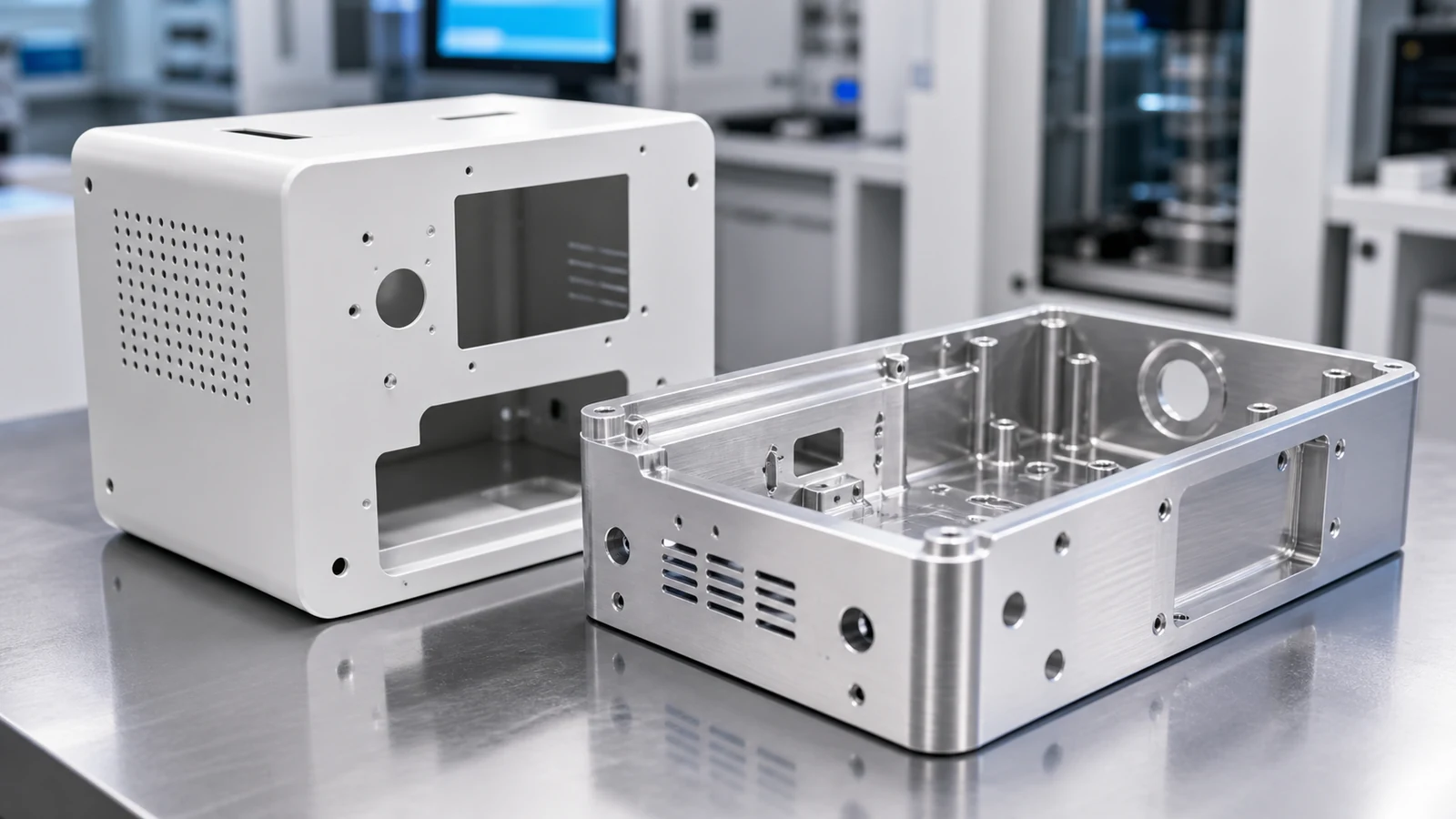 Close-up of a powder-coated medical device cover and CNC machined housing with ventilation cutouts and mounting features.