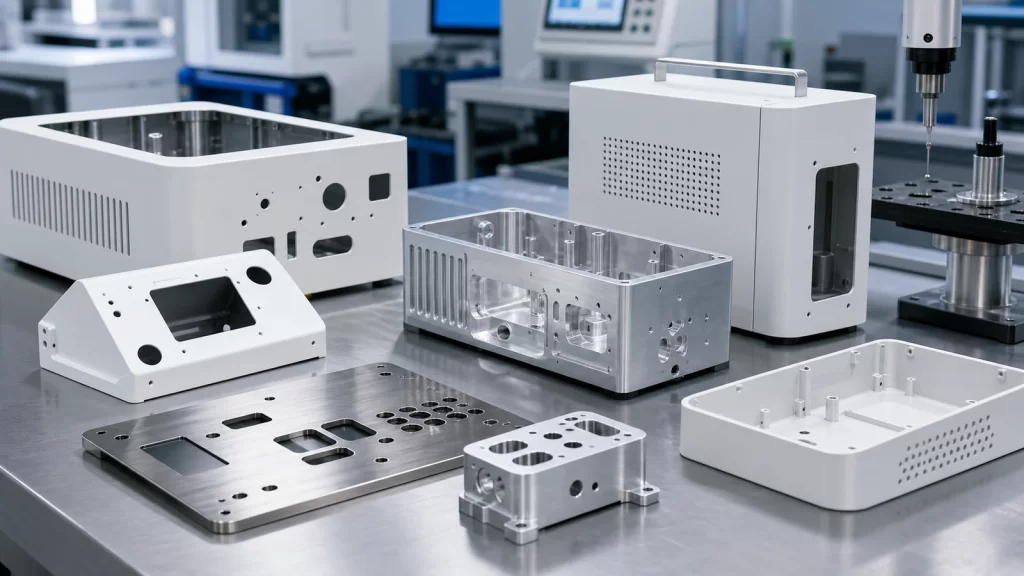 Precision medical equipment housings and protective covers made from machined aluminum, stainless steel and powder-coated sheet metal.