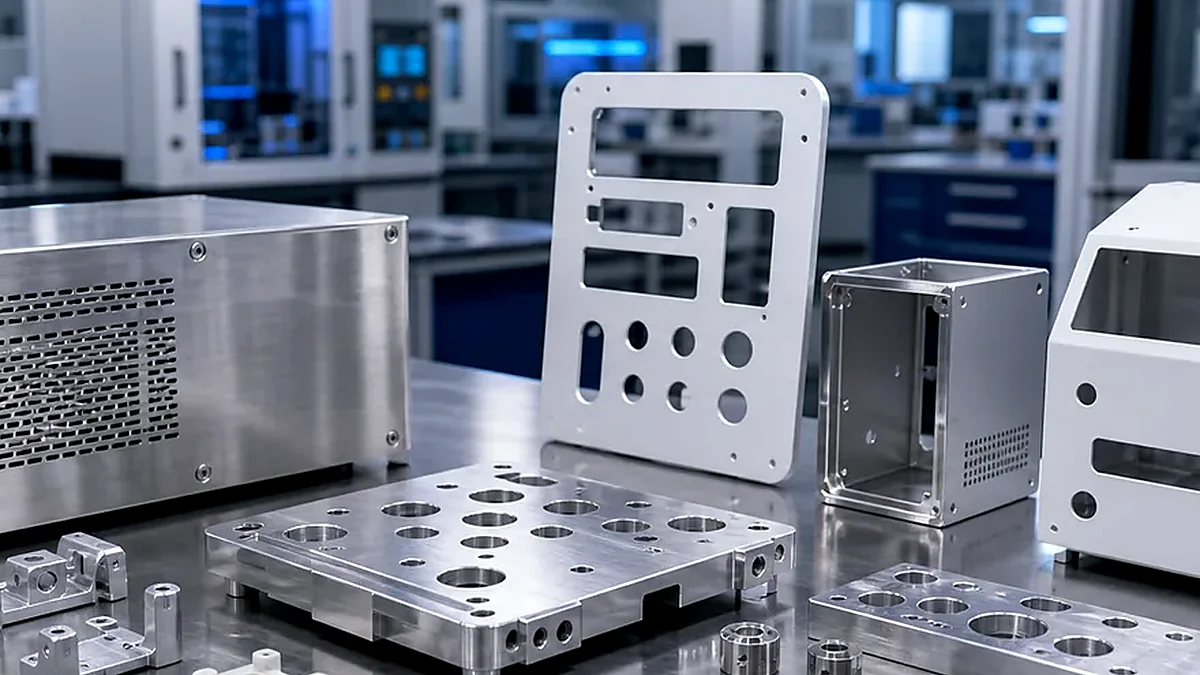 Close-up of sheet metal access panels, cutouts and mounting features for equipment enclosures.