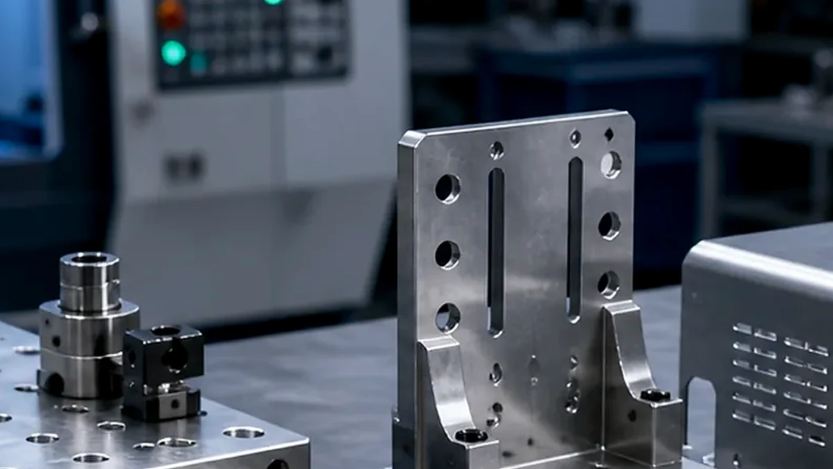Close-up of modular fixture blocks, locating features and assembly support hardware.