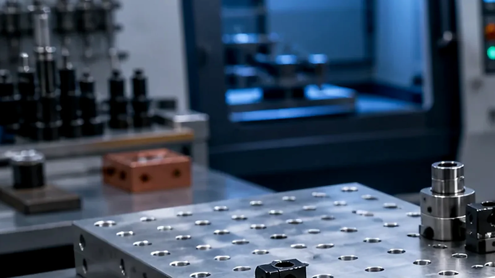 Modular fixture system parts for automated assembly lines with machined plates and locating blocks.