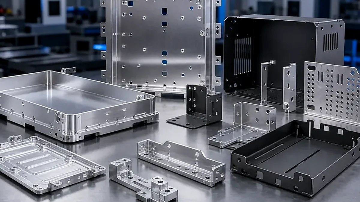 Close-up of machined mounting holes and cabinet hardware interfaces for power electronics.