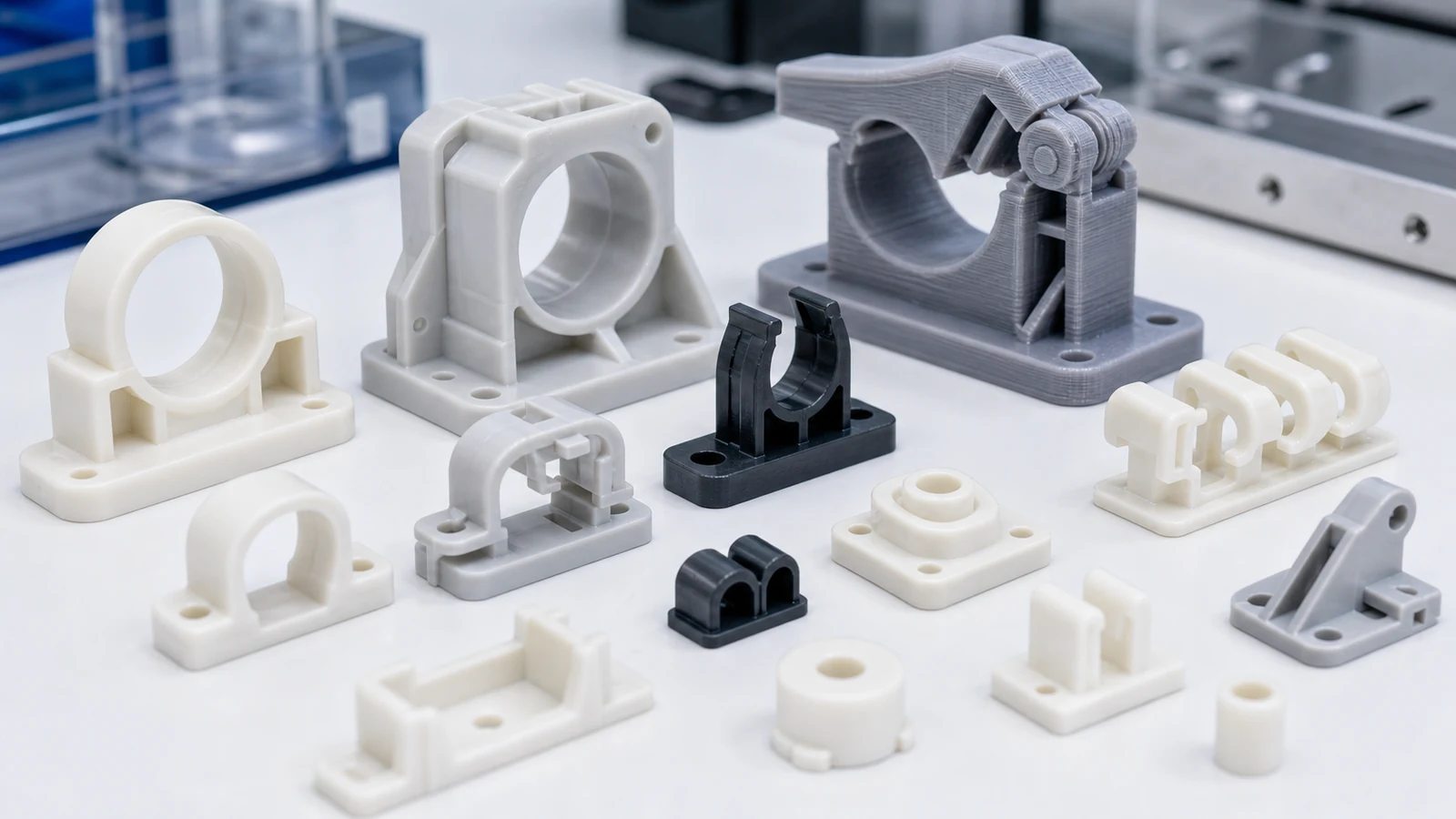 Close-up of engineering plastic clips and holders showing snap features, ribs, screw bosses and cable support channels.