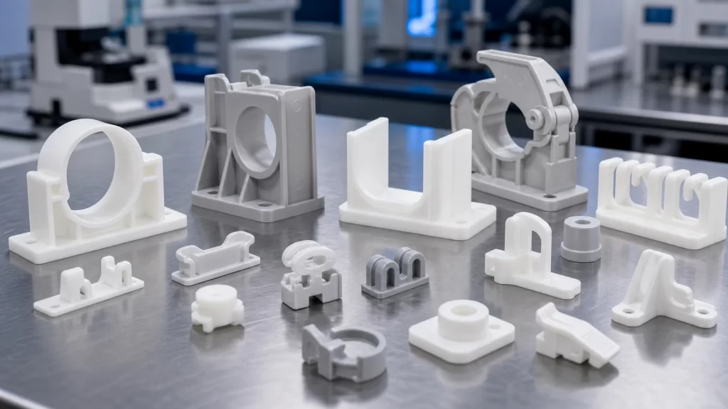 Injection molded plastic clips, holders, spacers and support parts for medical and laboratory equipment.