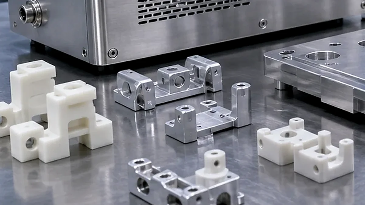 Close-up of plastic support clips holders and small protective equipment parts.