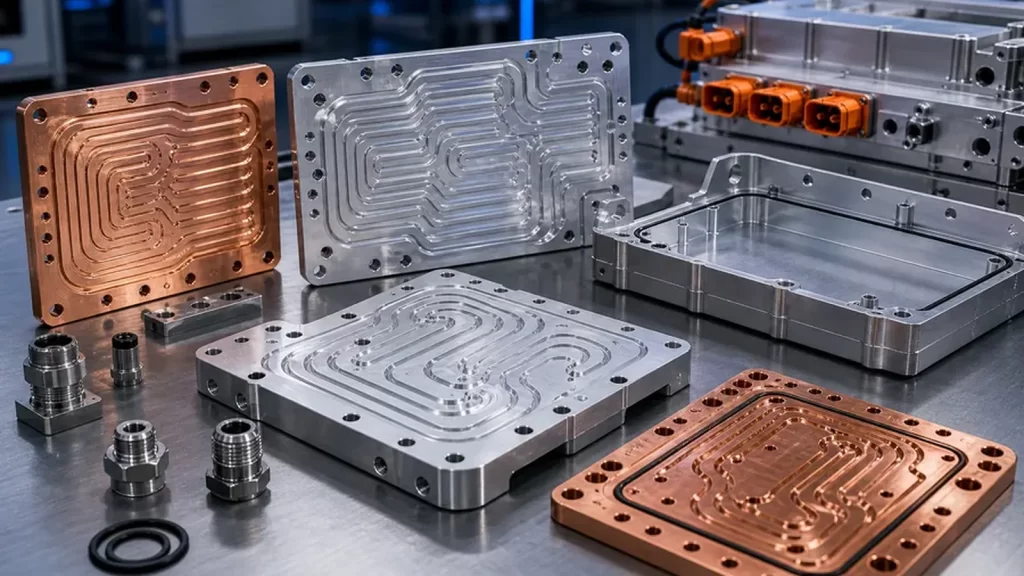 Machined aluminum and copper heat sinks and thermal plates for power electronics systems.
