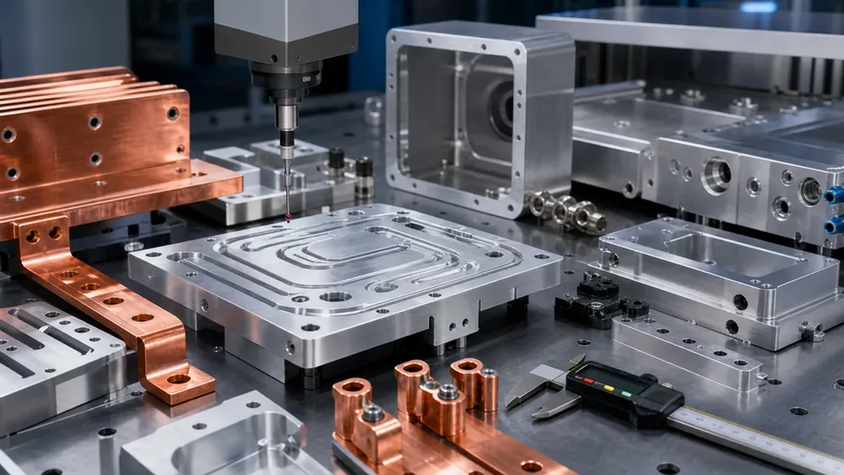 Close-up of a machined thermal plate surface and heat dissipation component for power electronics.