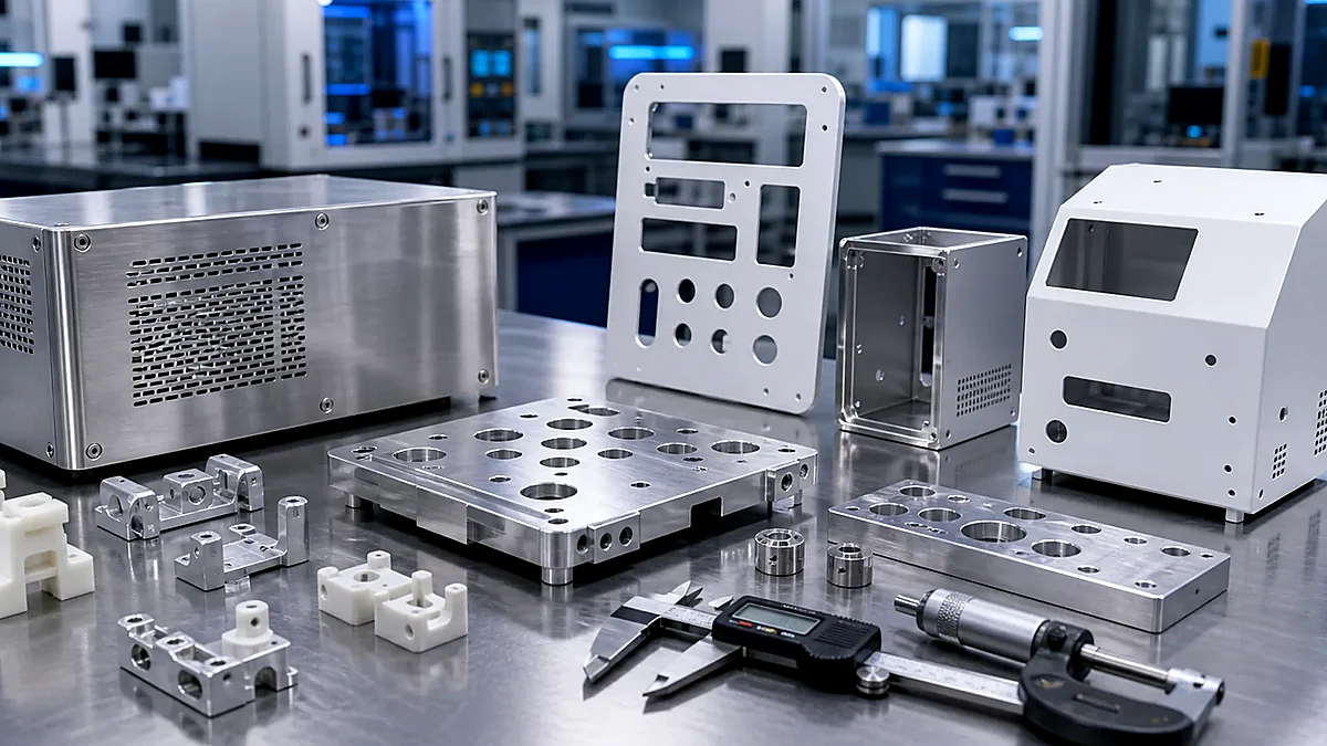 Close-up of diagnostic equipment prototype enclosure parts and validation hardware.