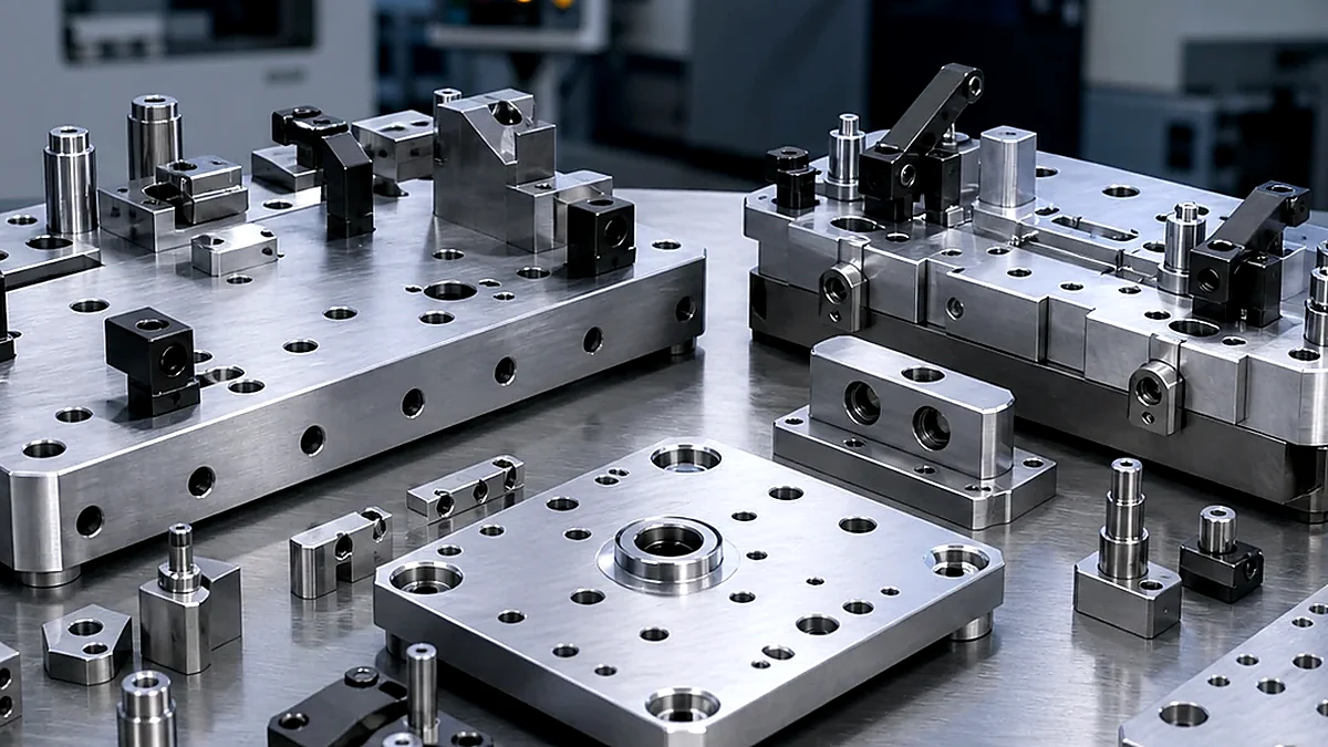 Close-up of fixture locating pins, clamping surfaces and validation hardware for automation lines.