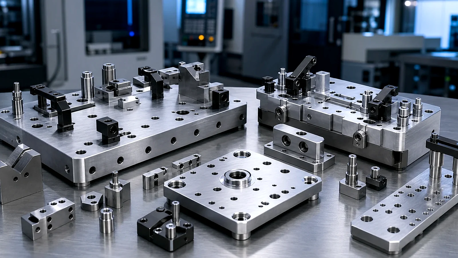 Prototype fixture kits for automation line validation with CNC blocks and 3D printed supports.