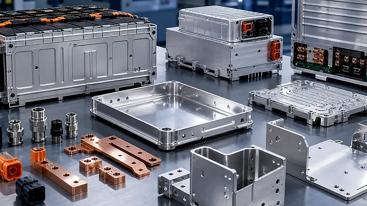 Close-up of prototype fixture blocks and assembly validation parts for battery cabinet hardware.