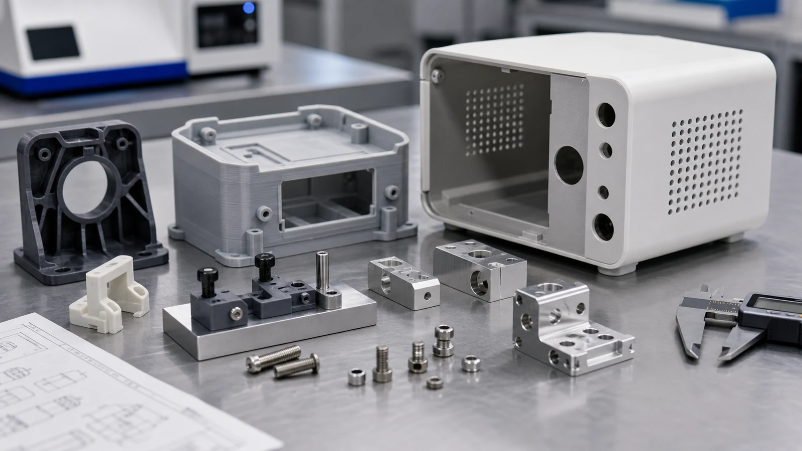 Close-up of 3D printed prototype housings, CNC sample parts and validation fixtures for medical equipment development.