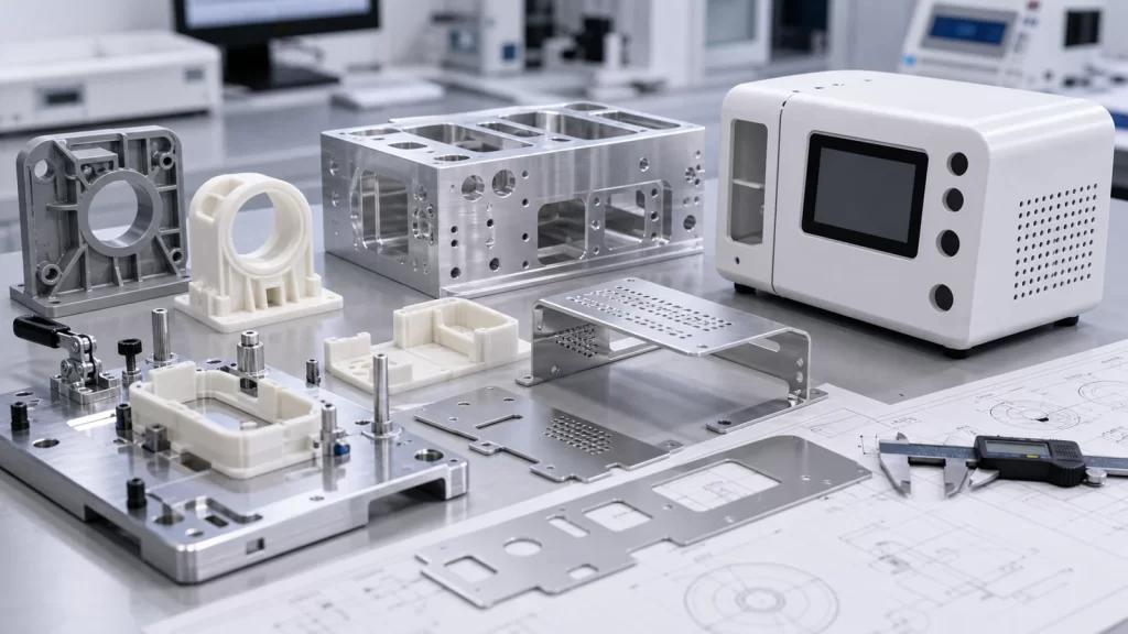 Prototype and validation parts for medical and laboratory equipment including 3D printed models, CNC samples and checking fixtures.