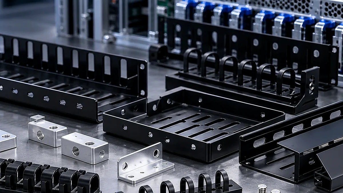 Close-up of cable trays, clips and support brackets for data center assemblies.