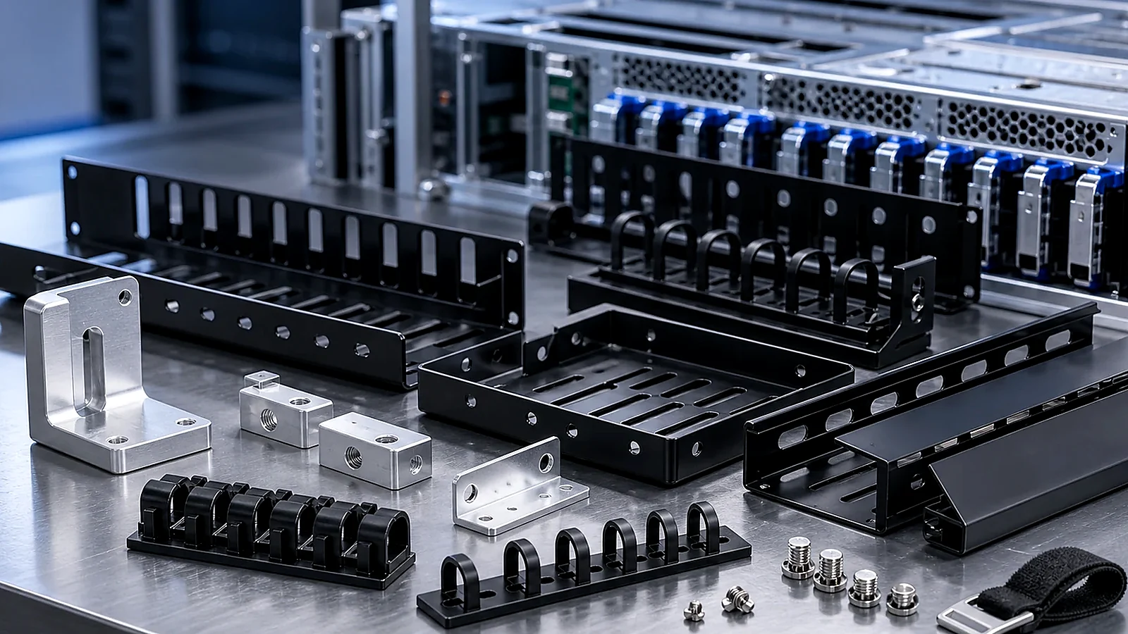 Rack mount rails and cable support hardware for AI server and data center equipment.