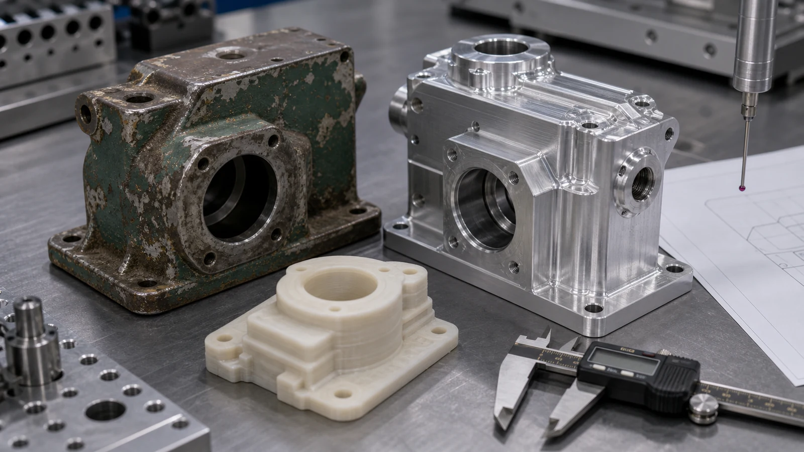 Close-up of a worn original industrial component beside a newly machined replacement part and 3D printed validation sample.