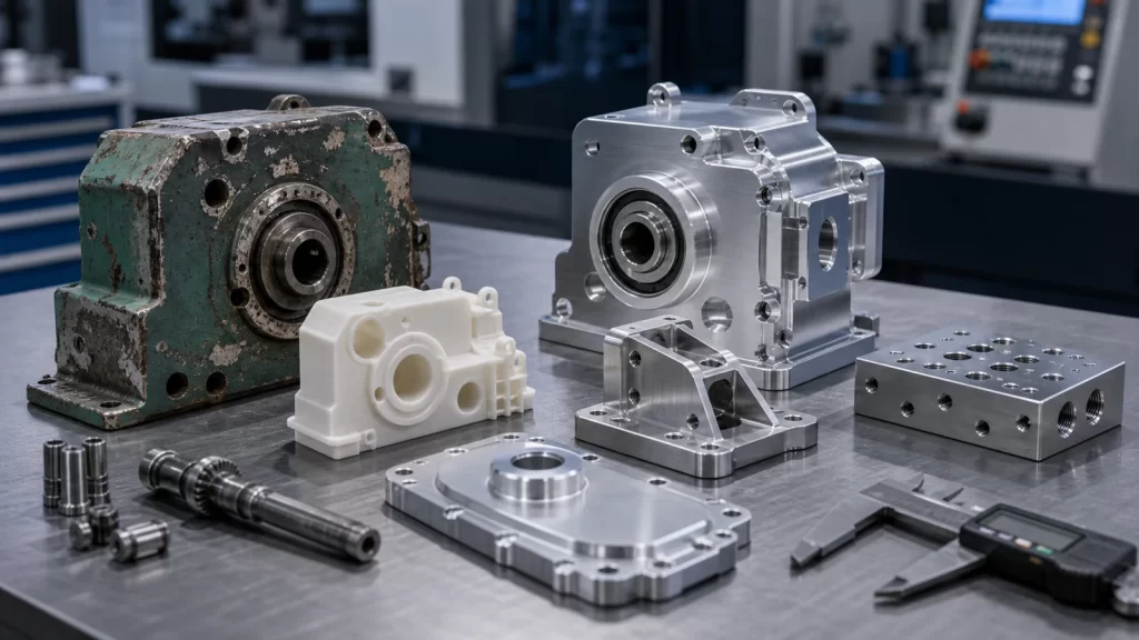 Replacement equipment parts from prototype to production including worn sample part, machined replacement parts and validation model.