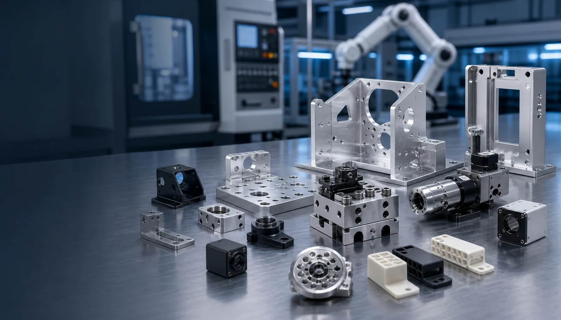 Precision machined robotics and automation components including brackets, housings, fixtures and mounting hardware.
