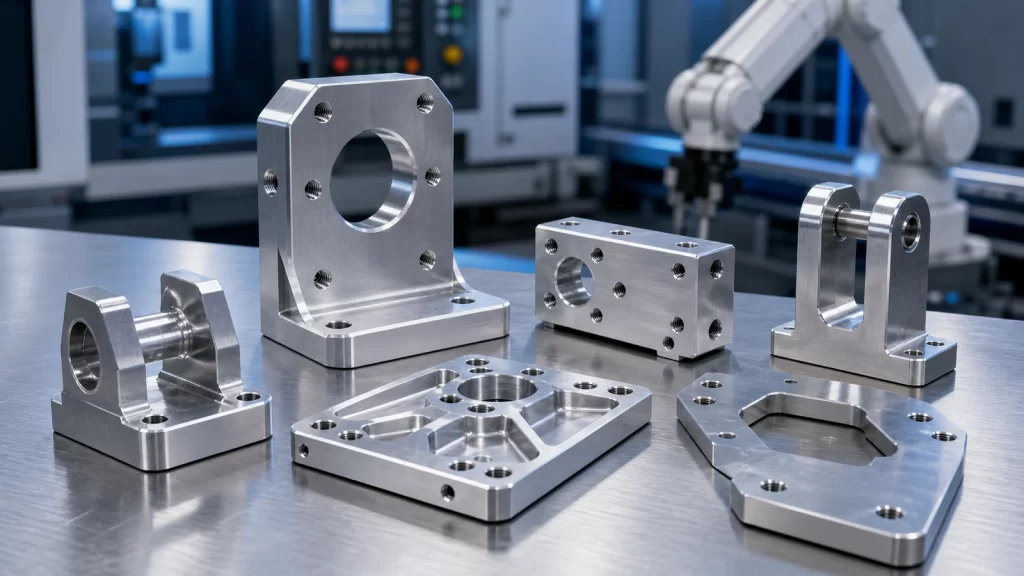 Sharp CNC machined robotic brackets, mounting blocks and automation hardware on a clean industrial workbench.