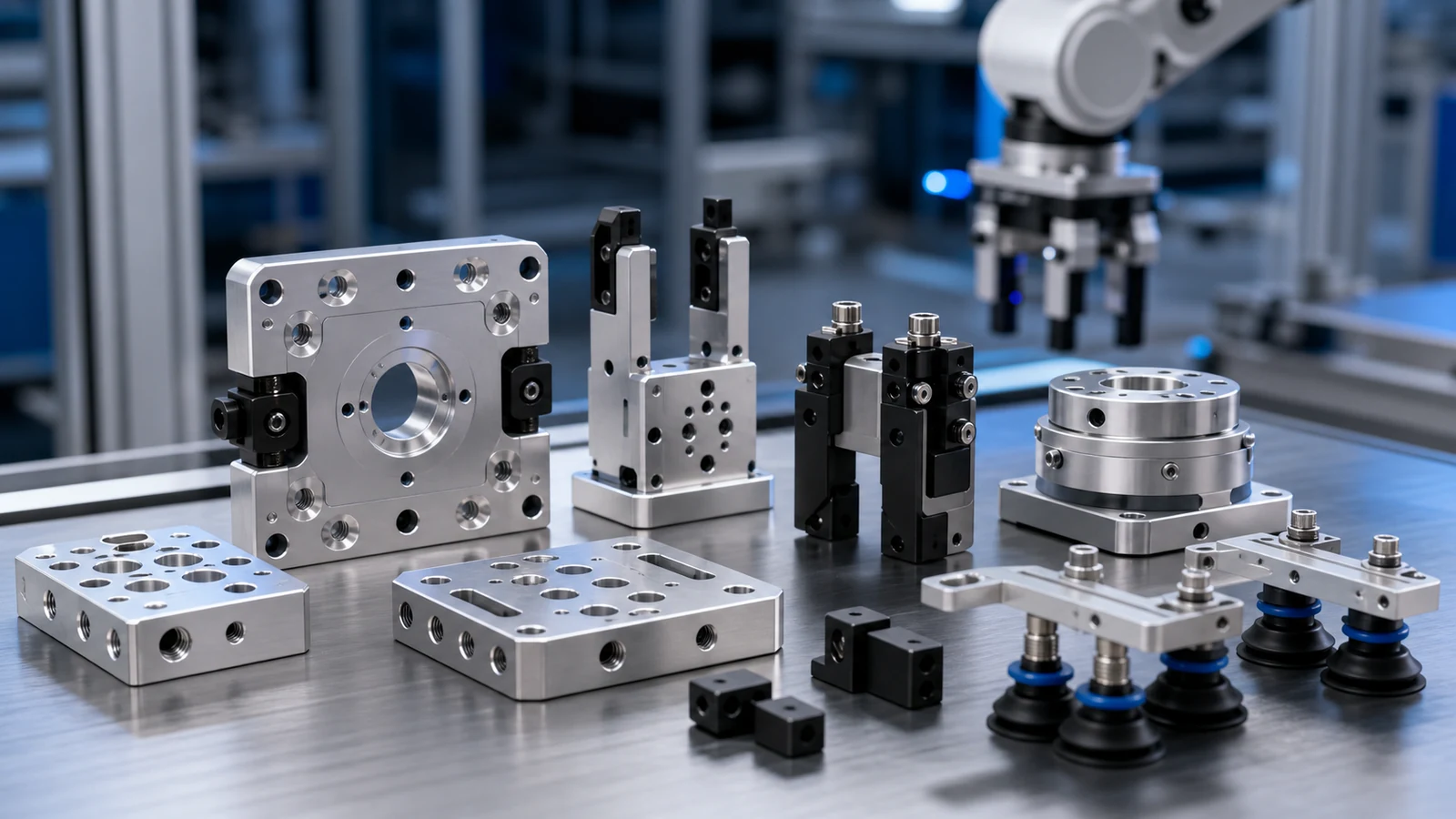 Sharp end-of-arm tooling components, gripper adapters and lightweight machined robotic tooling parts.