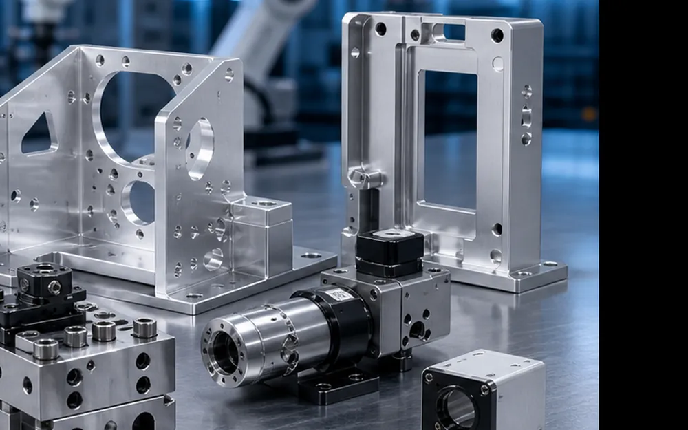 Machined robotics components showing aluminum parts, housings and mounting features for inspection.