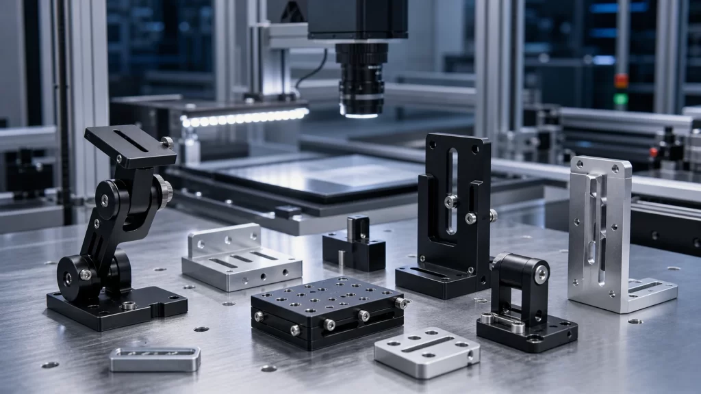 Sharp precision camera brackets, sensor mounts and adjustable machine vision mounting hardware.