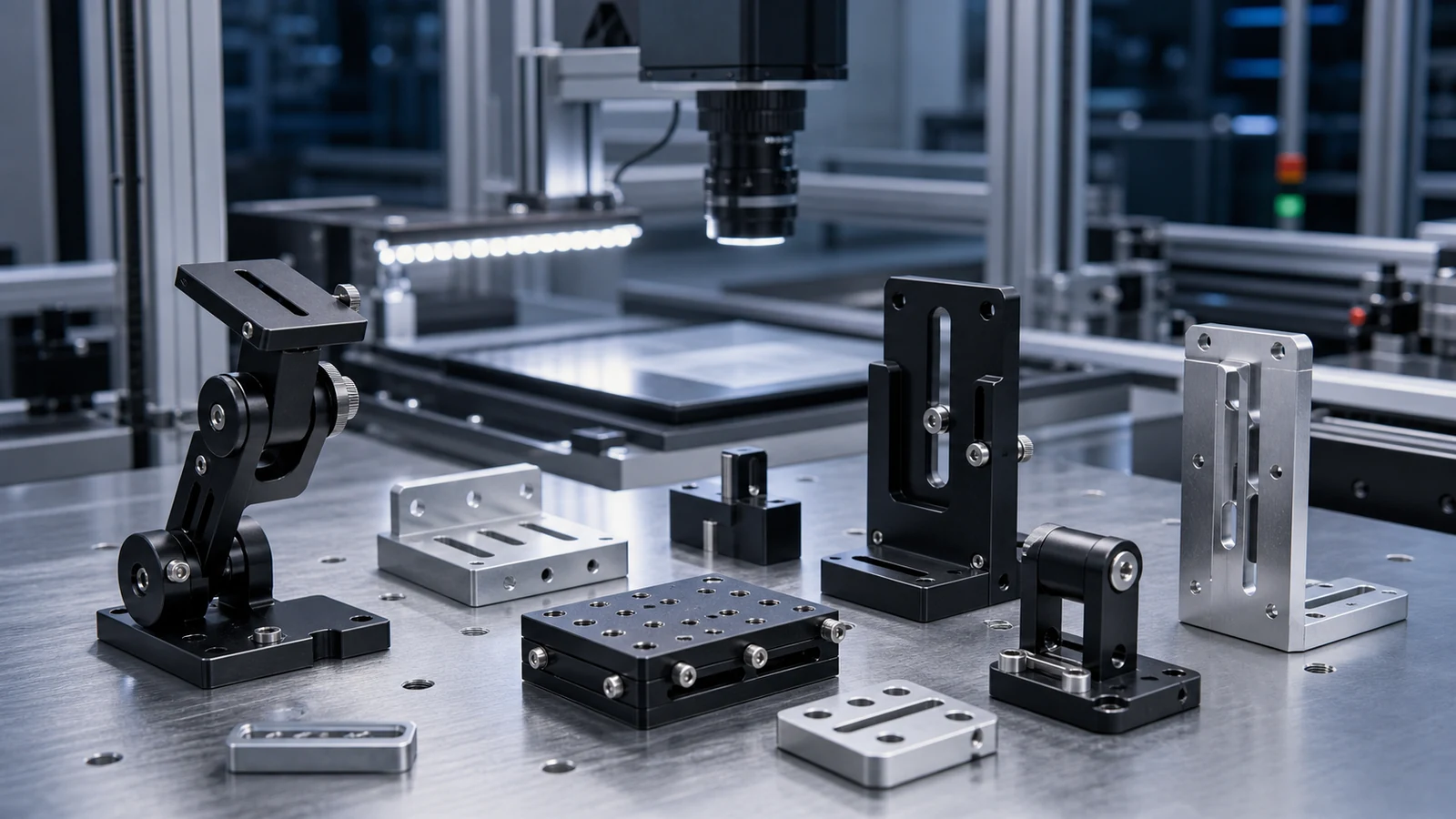 Sharp precision camera brackets, sensor mounts and adjustable machine vision mounting hardware.
