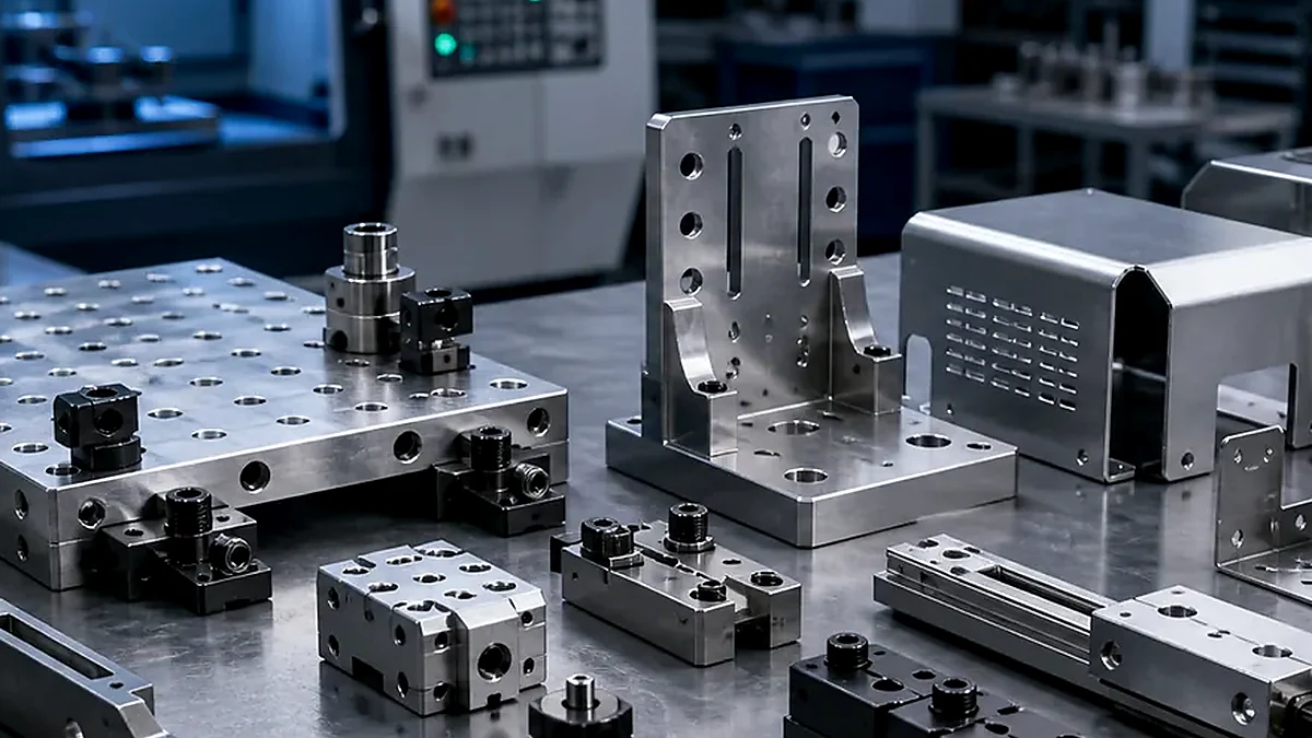 Close-up of sheet metal machine cover cutouts, guard panels and cabinet hardware features.