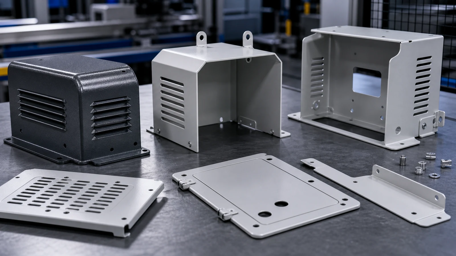 Close-up of folded sheet metal safety covers with louvers, hemmed edges, mounting tabs and powder-coated surface finish.