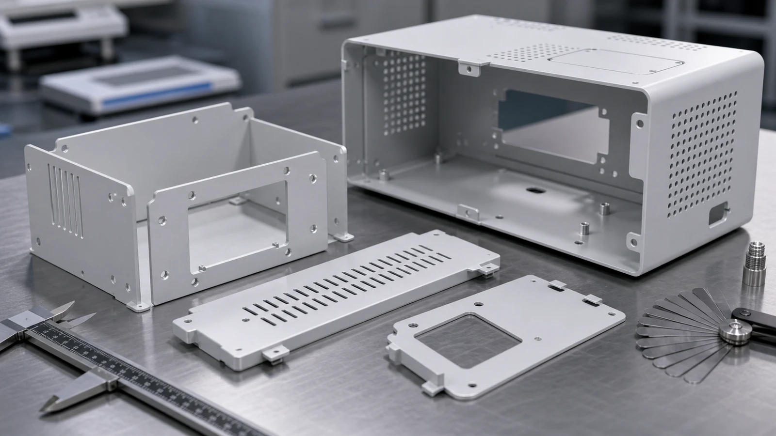 Close-up of bent sheet metal laboratory enclosure panels with ventilation slots, flanges, tabs and fastener holes.