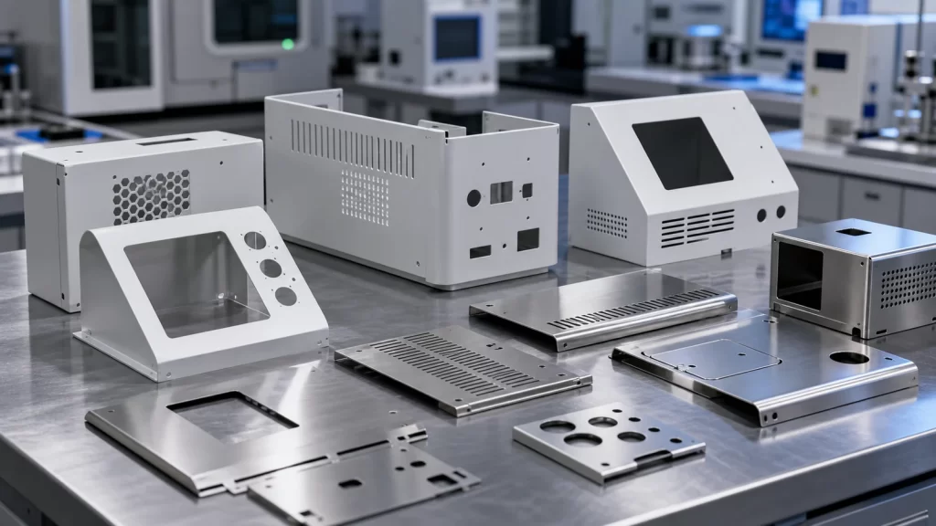 Precision sheet metal panels, folded covers and ventilation parts for laboratory instrument enclosures.