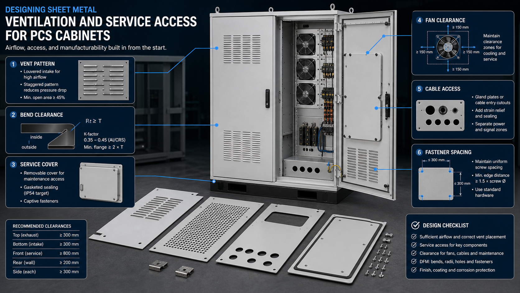 Sheet metal PCS cabinet with ventilation louvers, service access panels, cable entry areas and DFM callouts.