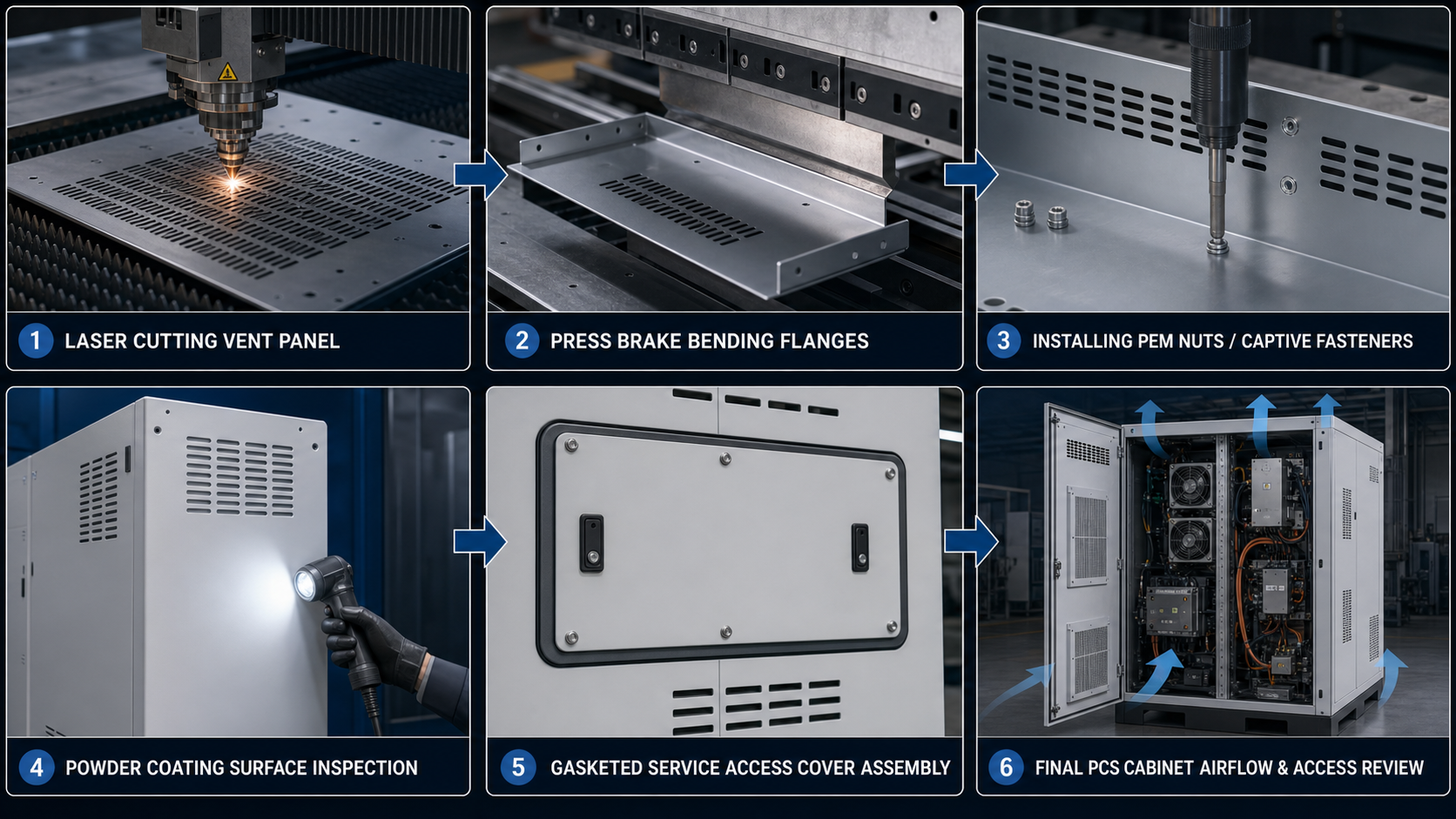 Workflow for PCS cabinet sheet metal parts showing laser cutting, bending, captive fasteners, coating, gasketed cover assembly and airflow review.