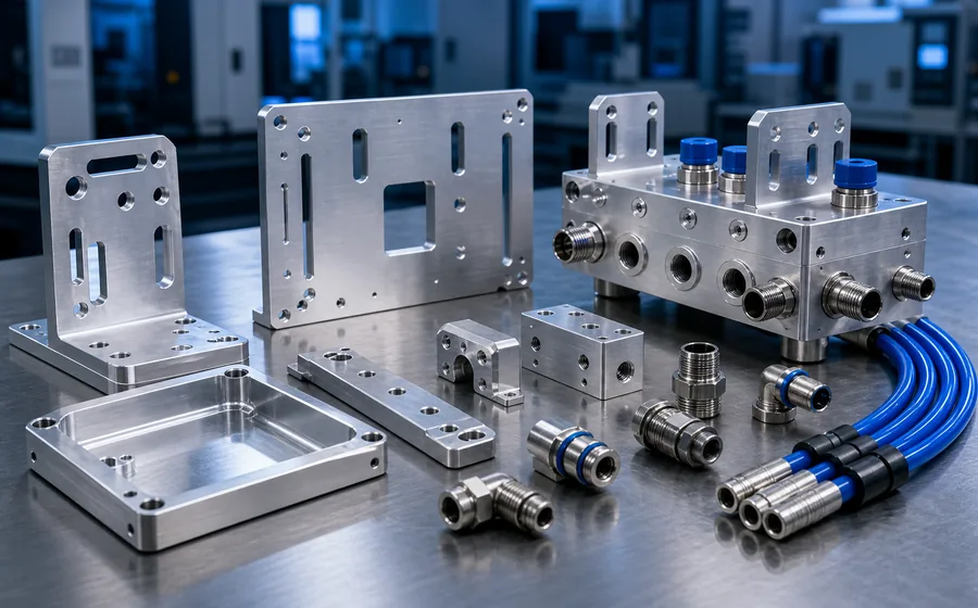 Machined CDU support parts including brackets, plates and liquid cooling hardware.