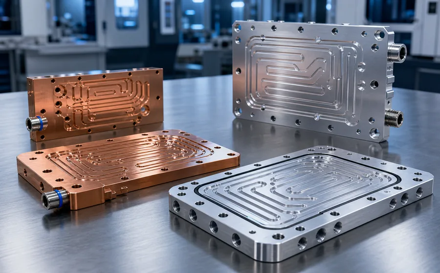 CNC machined aluminum and copper cold plates with liquid cooling flow channels and sealing grooves.