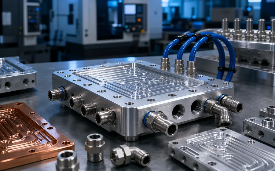 Precision CNC machined liquid cooling manifold block with threaded coolant ports.