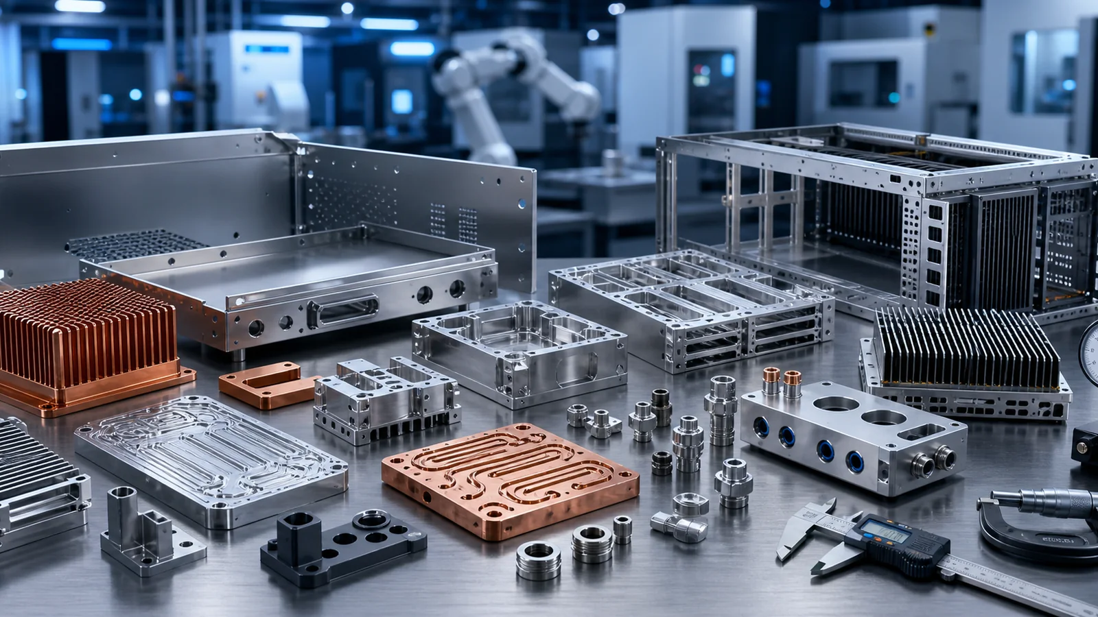 Application solutions manufacturing components including sheet metal enclosures, CNC machined parts, heat sinks, robotics fixtures and AI server hardware.