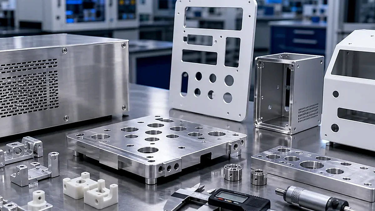 Close-up of laboratory instrument bracket features, holes and machined alignment surfaces.