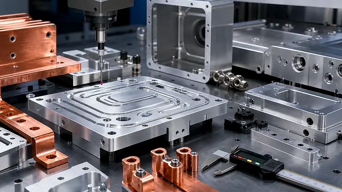 Close-up of a thermal plate surface and heat sink mounting features for power electronics.