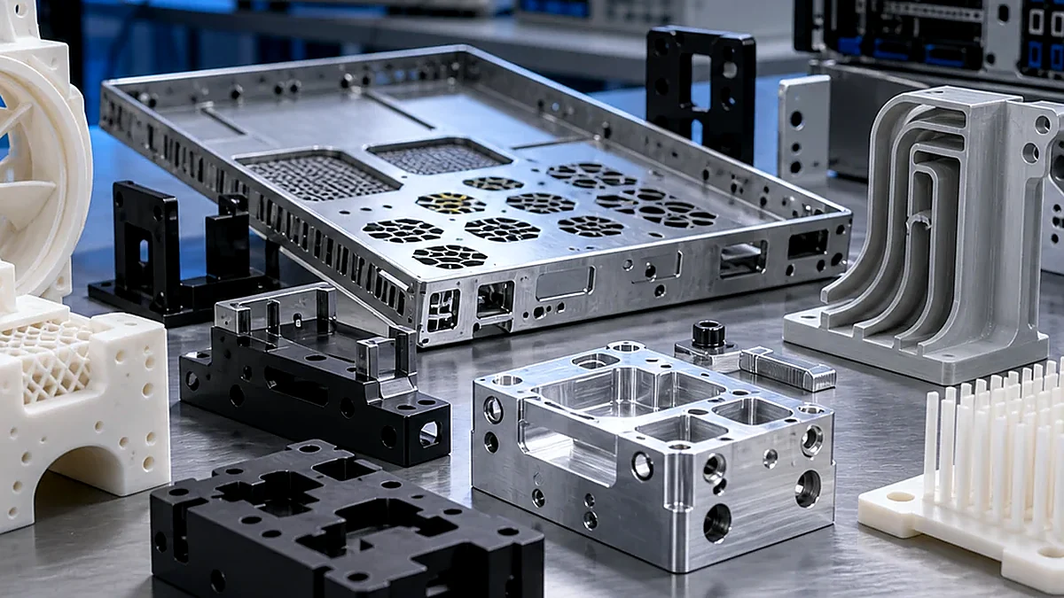 Close-up of prototype validation fixtures and machined test parts for AI server hardware.
