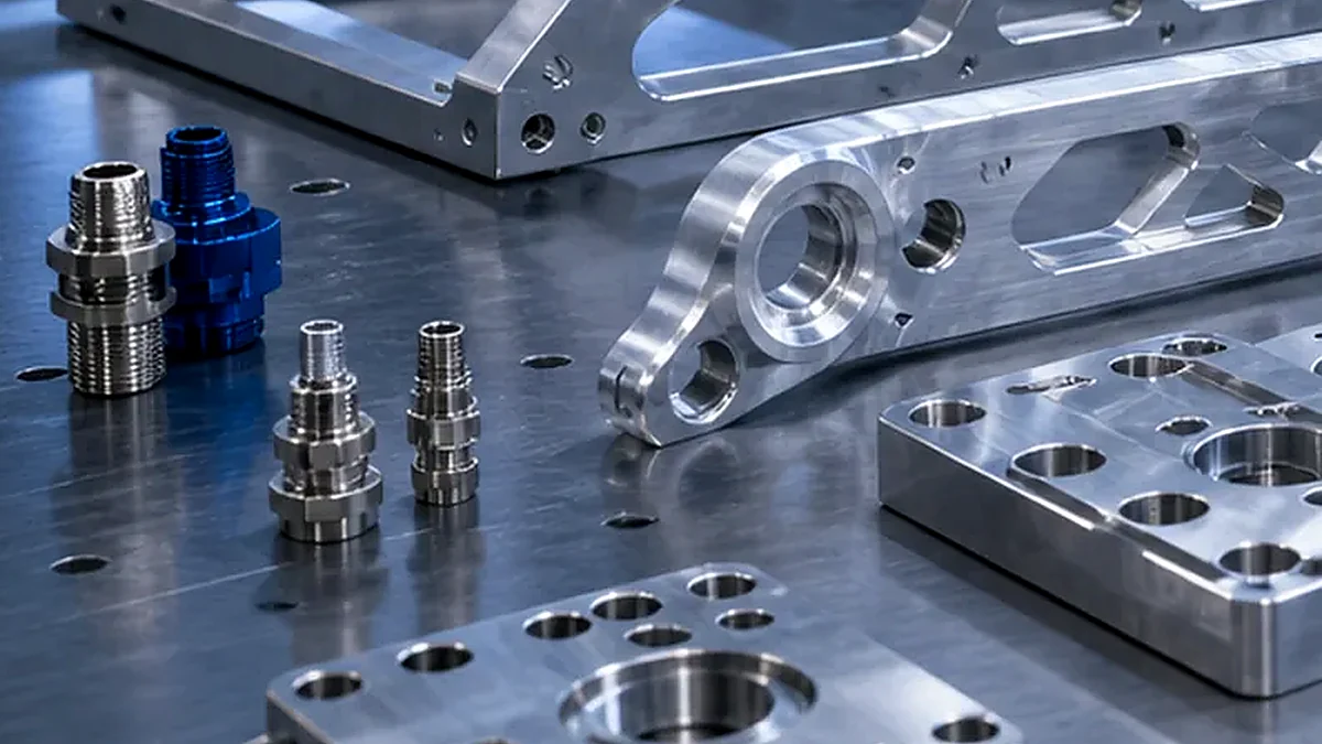 Close-up of pocketed aluminum UAV mounting plate features and precision fastener holes.