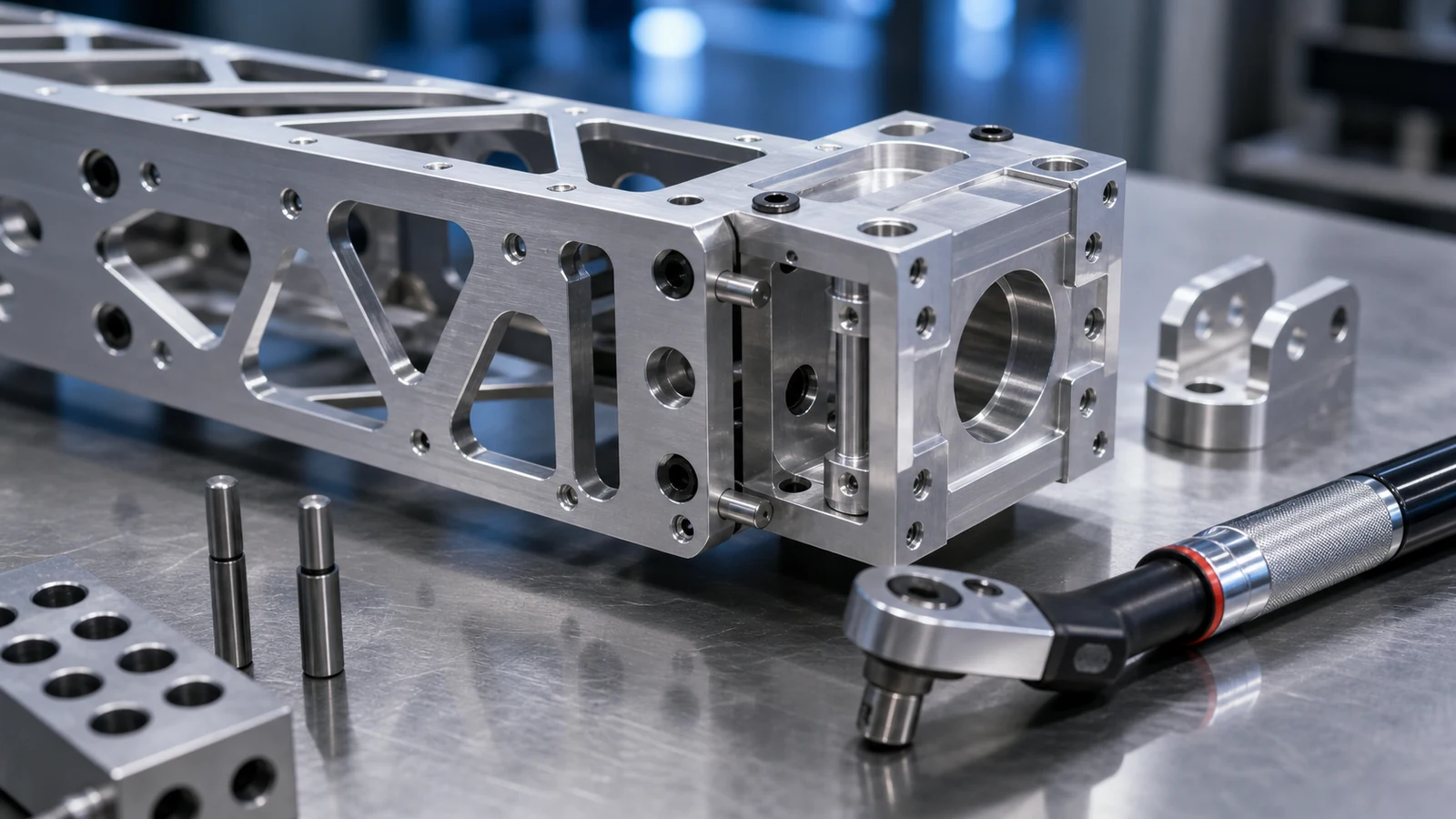 Close-up fit check of UAV frame rails and machined connector blocks with precision holes and countersinks.