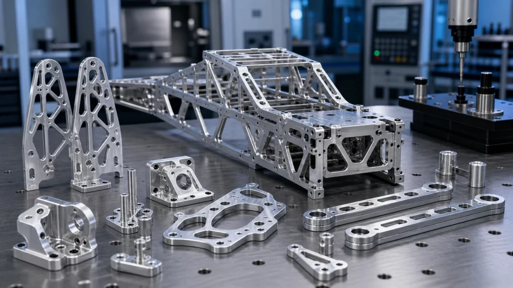 Lightweight UAV structural frame sections and CNC machined aluminum components arranged for manufacturing review.
