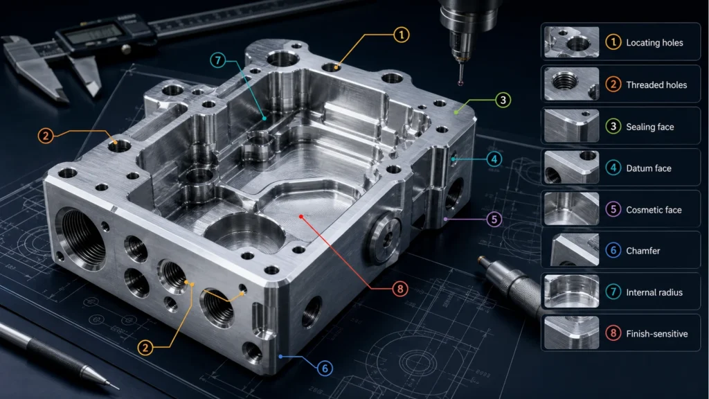 Annotated CNC machined part critical features Annotated CNC machined part showing locating holes, threaded holes, datum face, sealing surface, cosmetic face, chamfers, internal radius and finishing-sensitive area