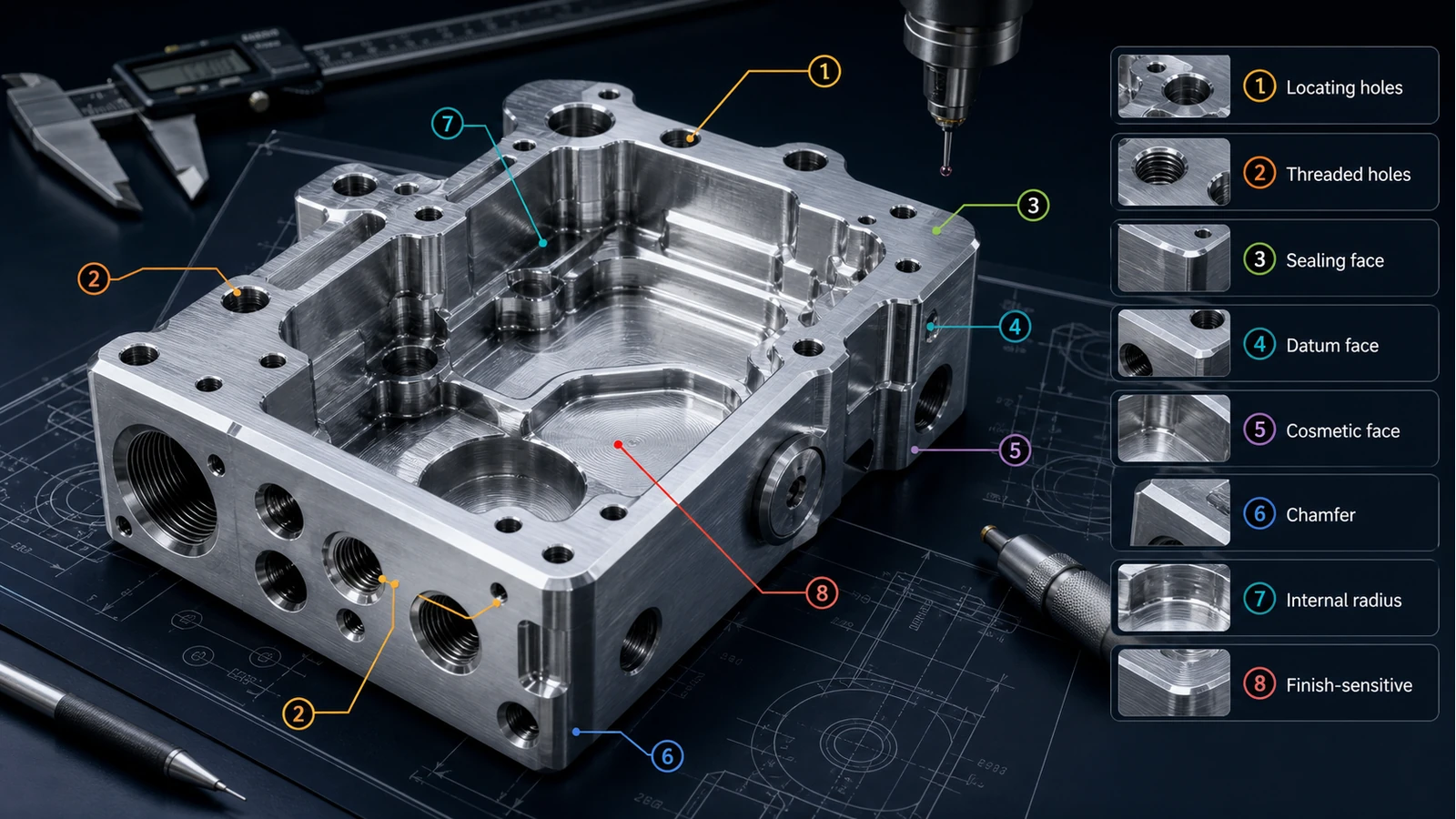 Annotated CNC machined part critical features Annotated CNC machined part showing locating holes, threaded holes, datum face, sealing surface, cosmetic face, chamfers, internal radius and finishing-sensitive area