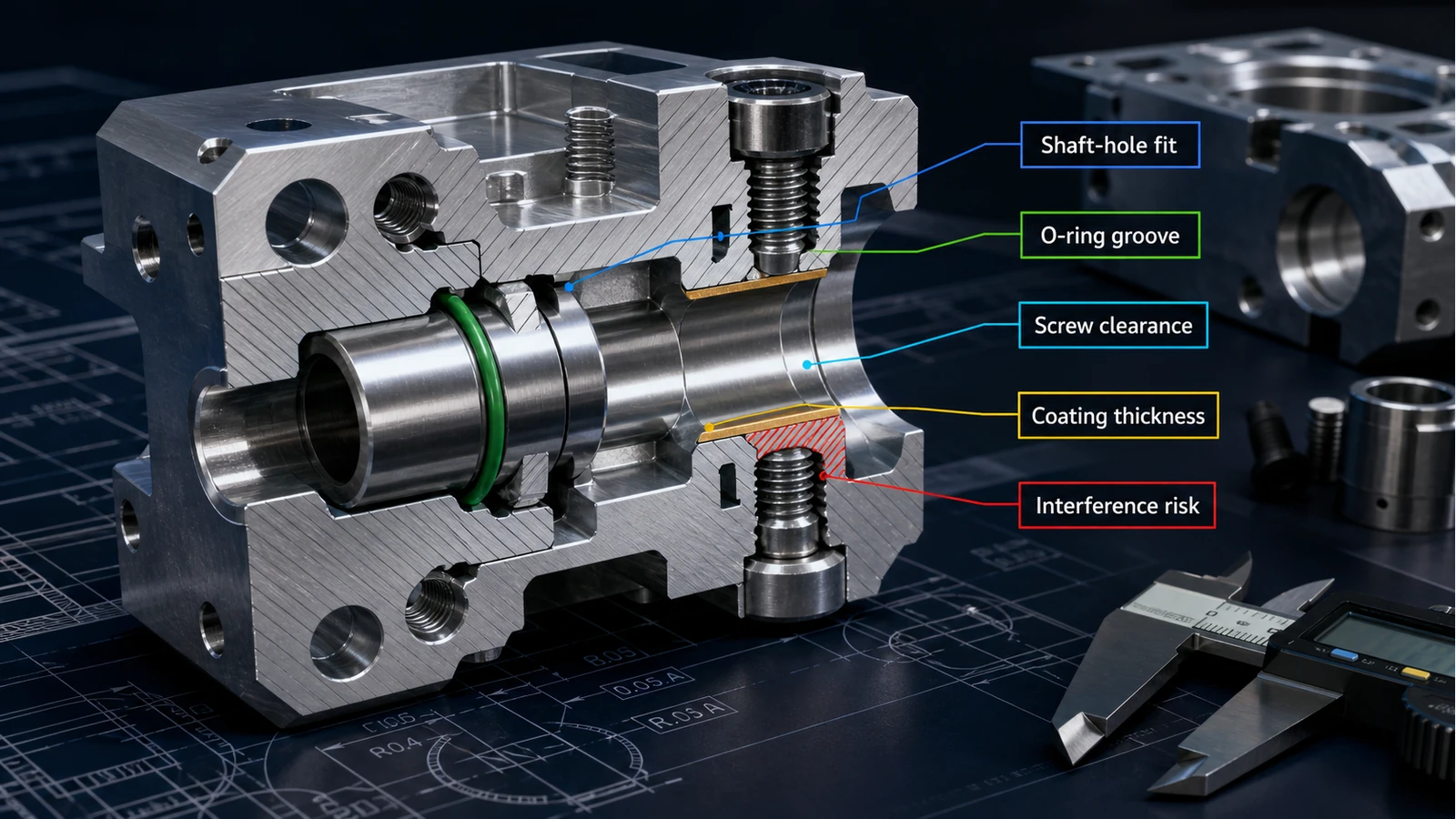CNC assembly cross section diagram CNC machining assembly cross-section diagram showing shaft-hole fit, O-ring groove, screw clearance, surface coating thickness and interference risk