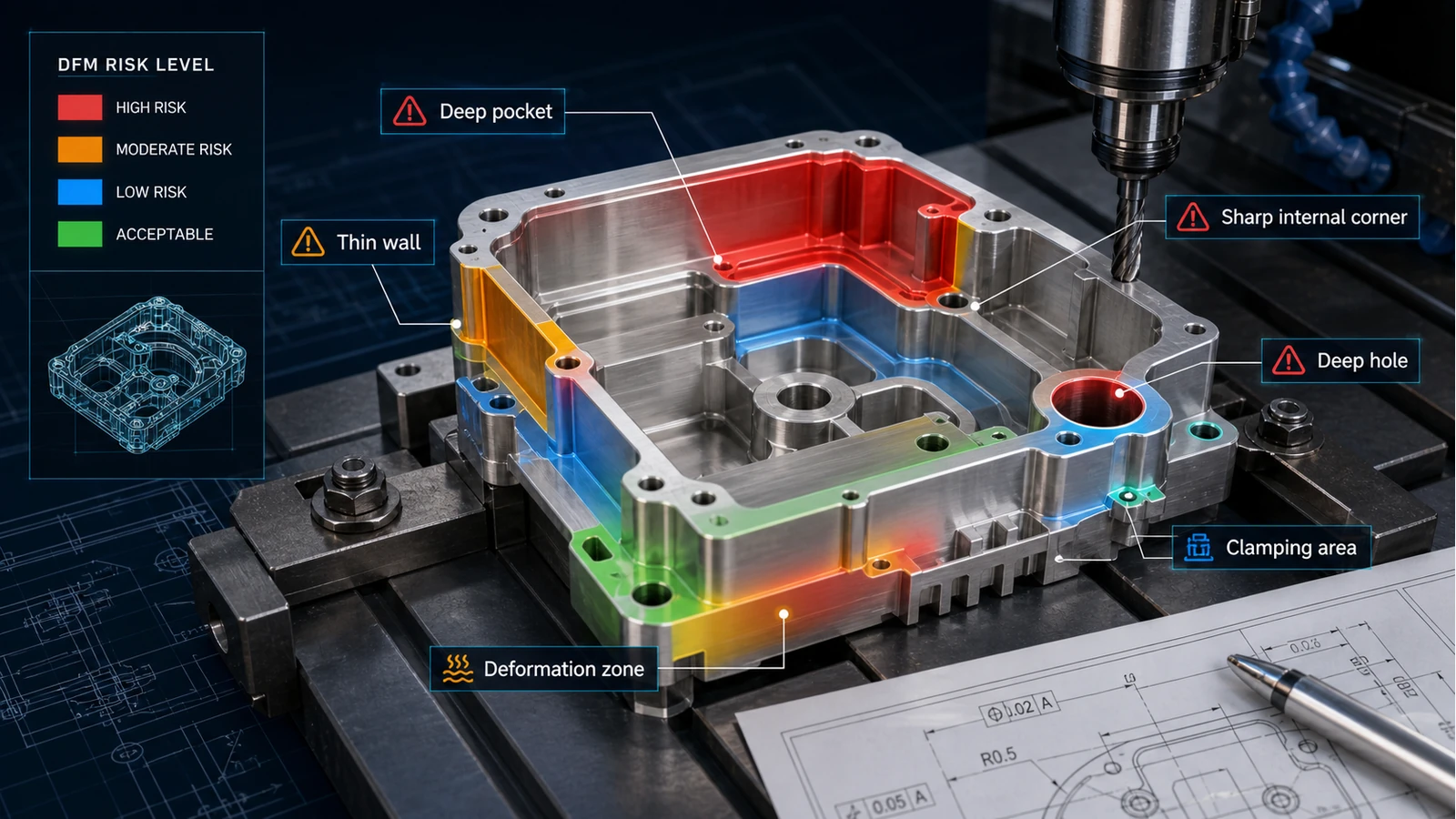 CNC DFM risk heatmap CNC manufacturability heatmap showing deep pocket, thin wall, sharp internal corner, deep hole, clamping area and deformation zone risks